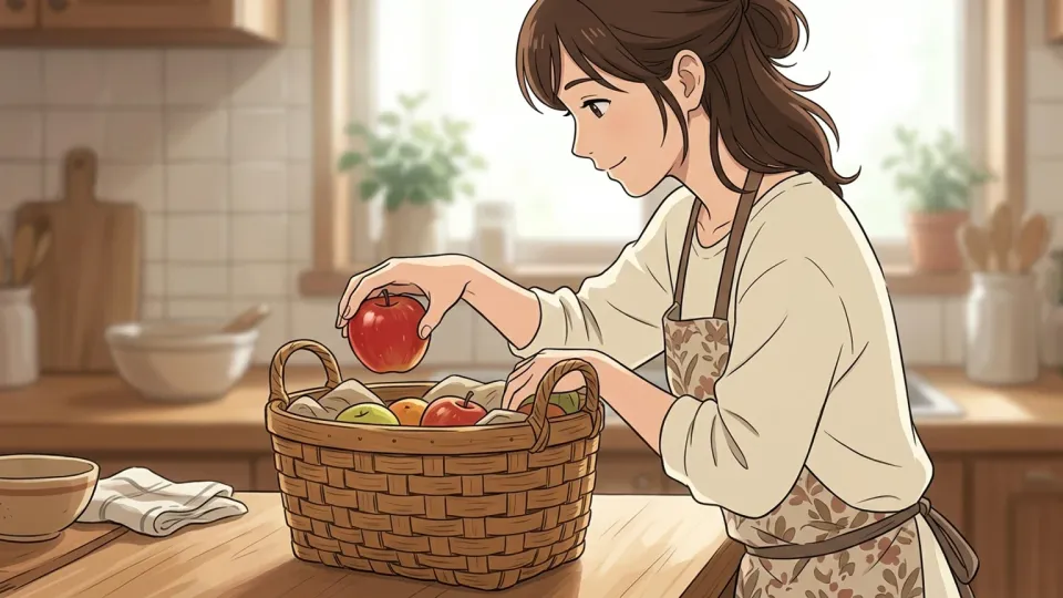 編み込みのバスケットにリンゴを入れる女性