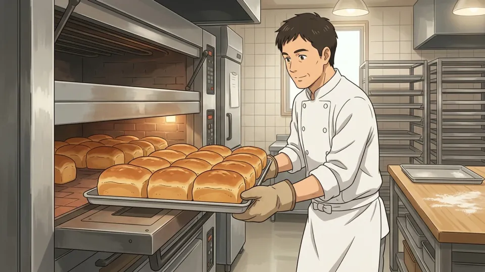 パン職人がオーブンから焼き上がったパンの塊を取り出している様子