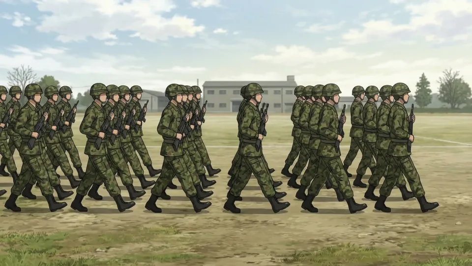 制服を着た多数の兵士が整列して訓練場を行進している光景