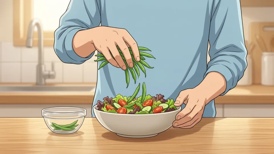 サラダにインゲン豆を加える手