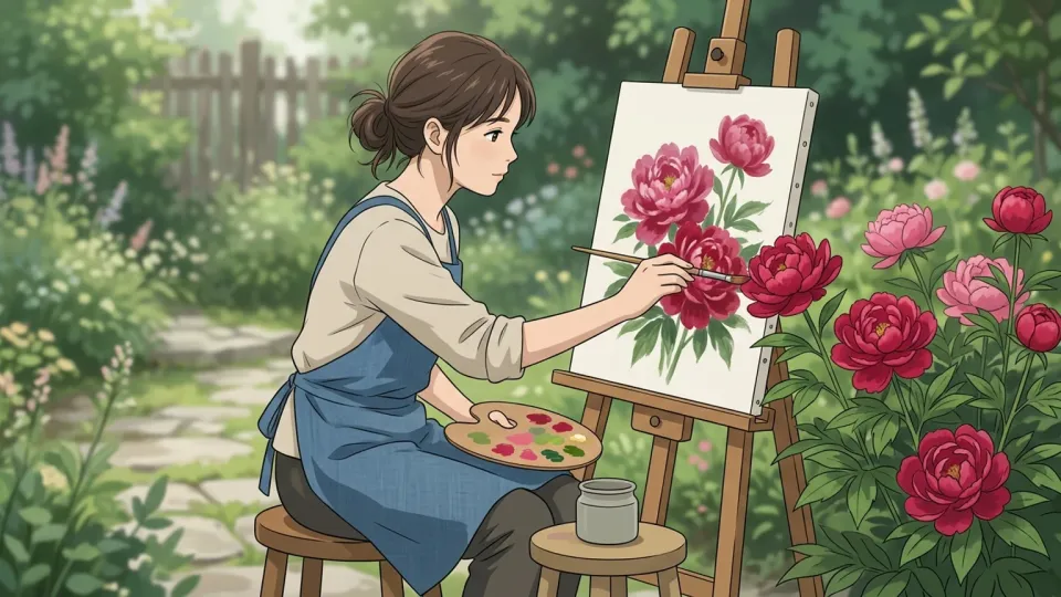 庭で花を描く女性