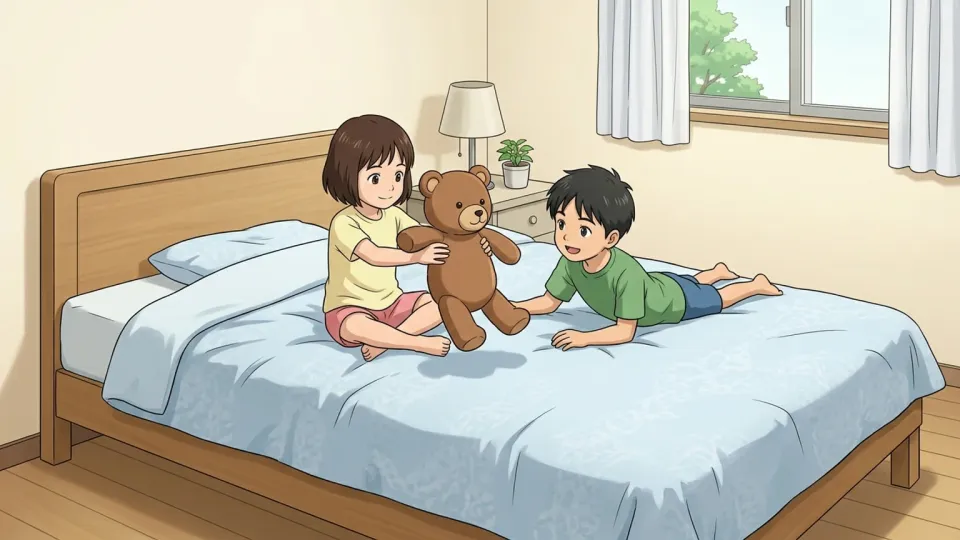寝室で遊ぶ子供たち