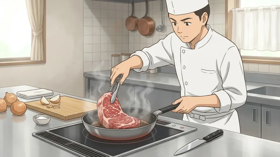 調理台で牛肉を準備するシェフ