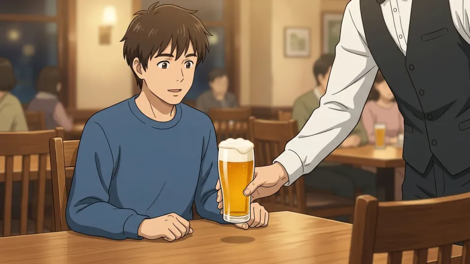 レストランで客にビールを提供するウェイター