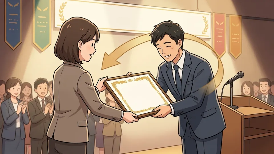 授賞式でチェンさんが欠席した上司の代理として賞状を受け取っている様子