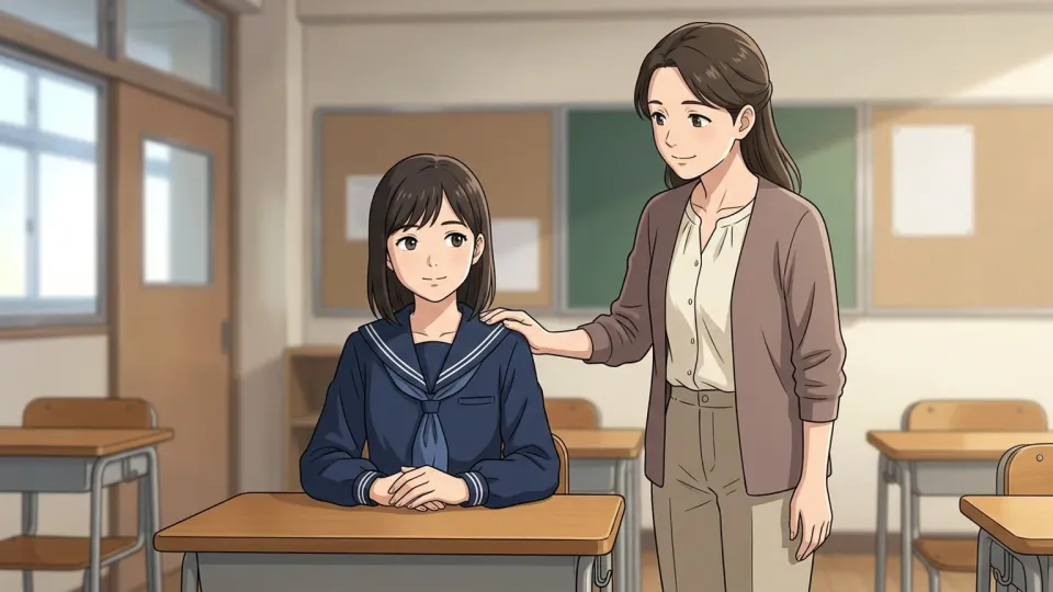 教室で先生に褒められている生徒