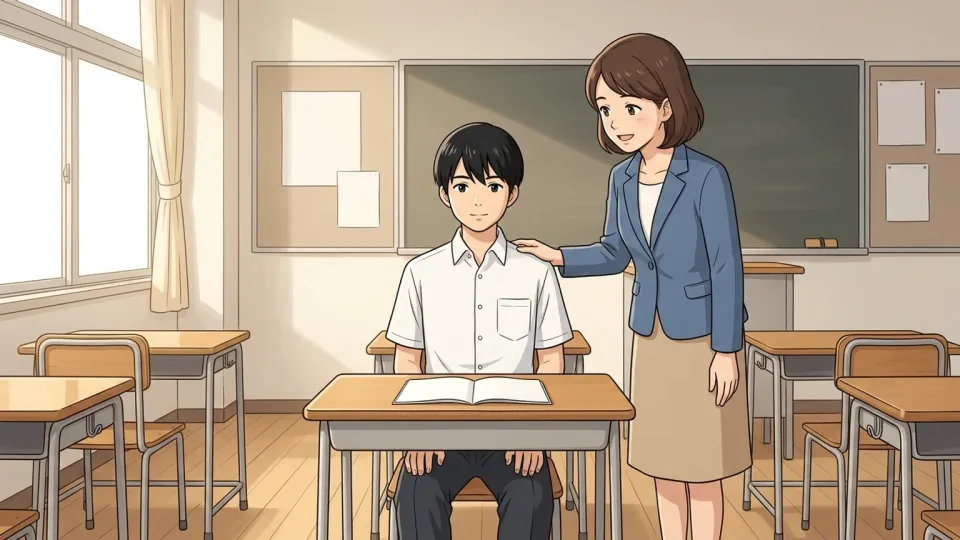 教室で先生に褒められている生徒