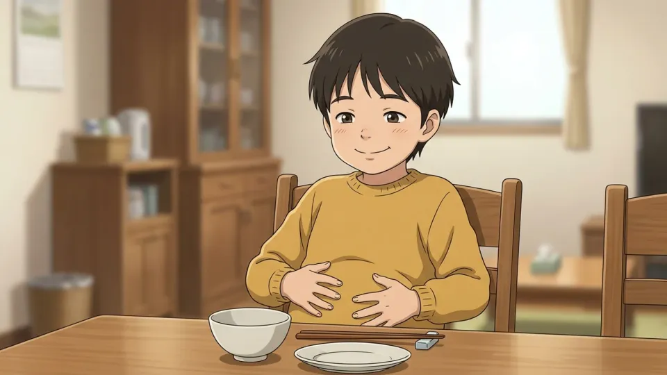 食後にお腹をさする子供
