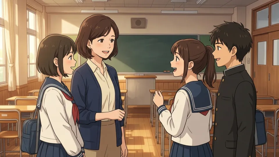 生徒たちに囲まれて微笑む教師