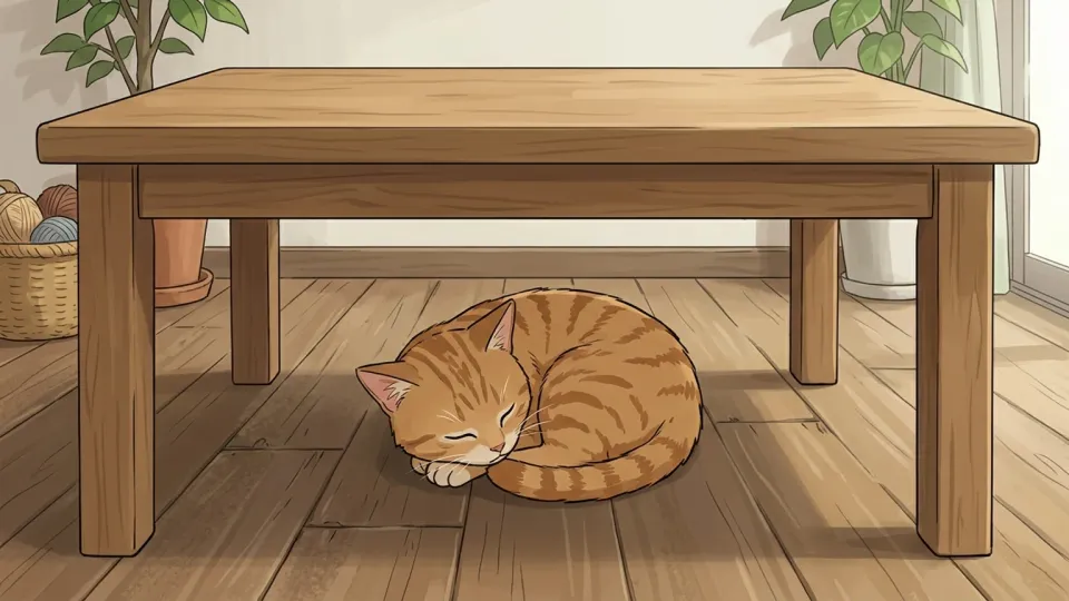 テーブルの下で眠る猫