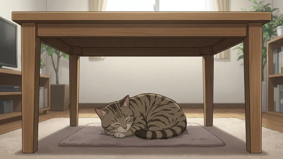 テーブルの下で眠る猫