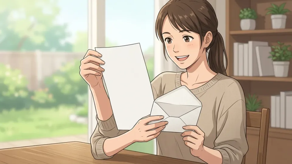 書類を受け取って微笑む女性