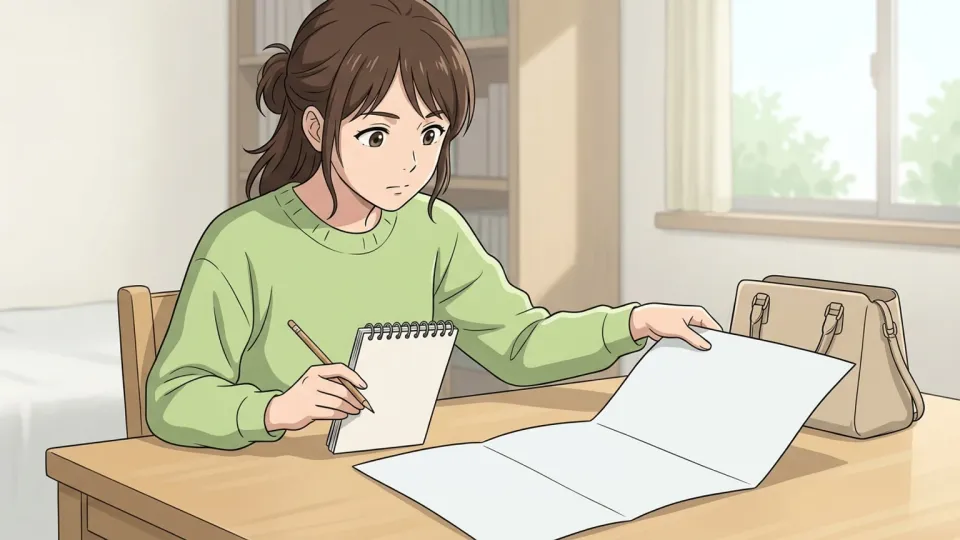 机の上でパンフレットを見比べる女性