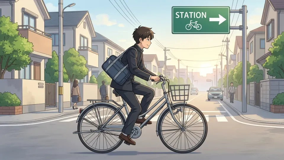ケンが朝、自転車で駅へ向かっている様子