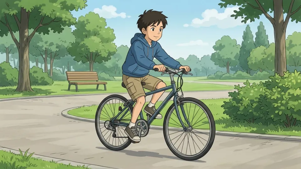 公園で新しい自転車に乗る少年