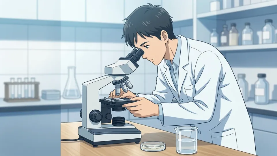 実験室で顕微鏡を使用して研究を進める白衣の科学者