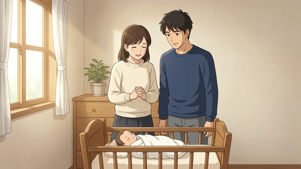 両親がゆりかごの中の赤ちゃんを見つめて微笑んでいる