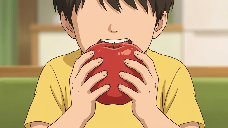 リンゴをかじる少年。