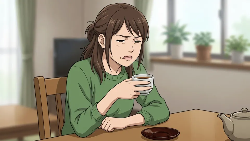 漢方薬の苦さに顔をしかめる女性のイラスト