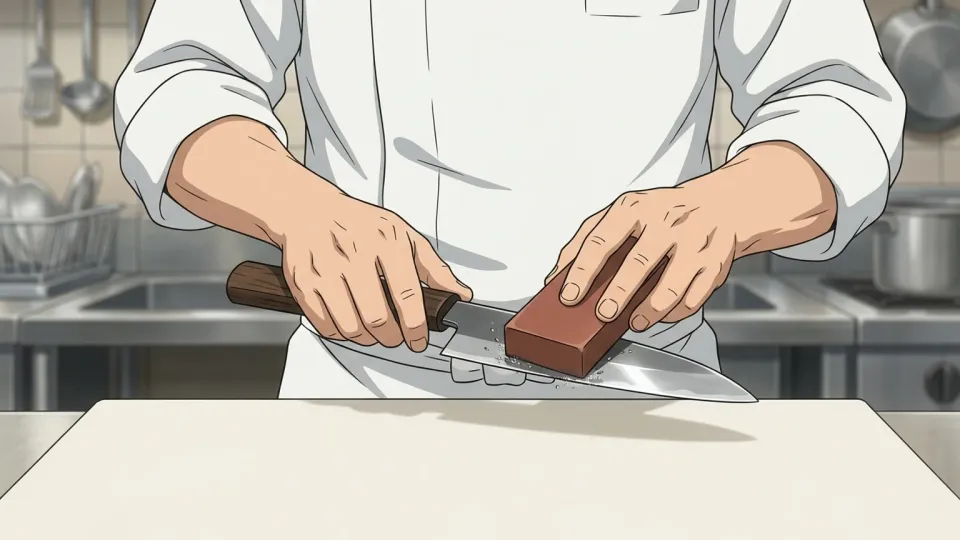 包丁の刃を研ぐシェフ