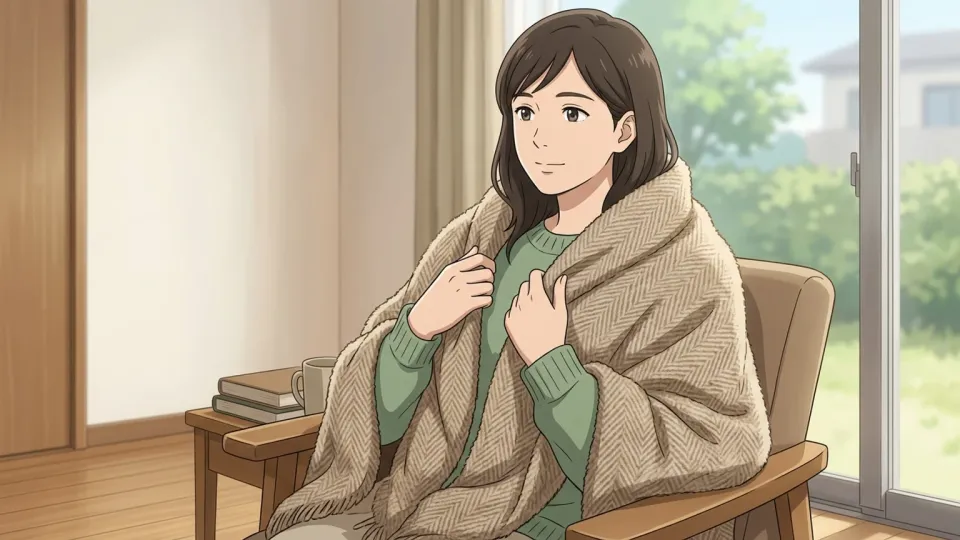 肩に毛布をかけて暖まっている女性
