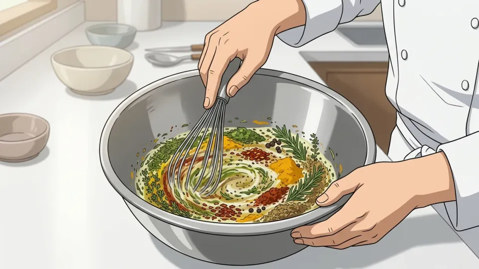シェフがボウルの中でハーブとスパイスを混ぜ合わせている。