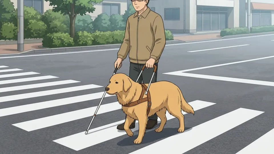 盲導犬に誘導されて横断歩道を渡る男性