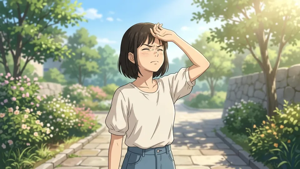 まぶしい光の中でまばたきをする女性