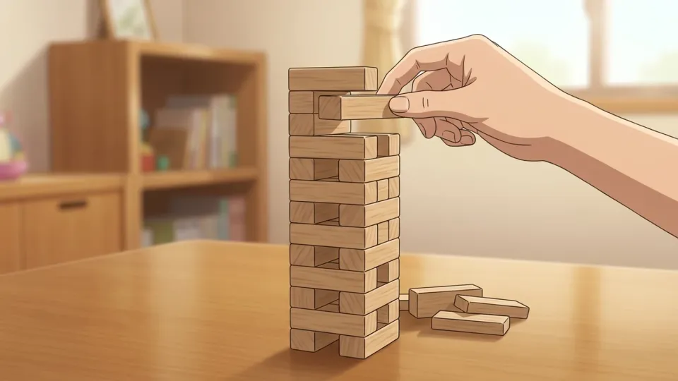 子供が木製のかたまりを積み上げて塔を作っている