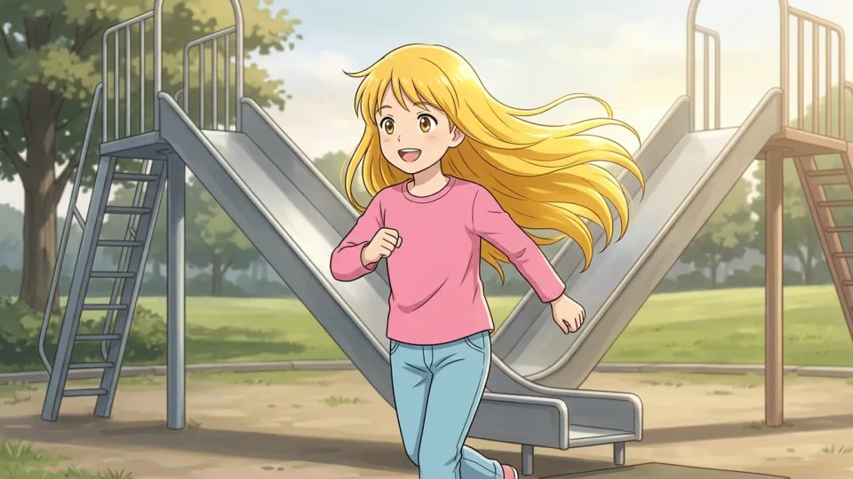 公園で遊ぶ金髪の少女。