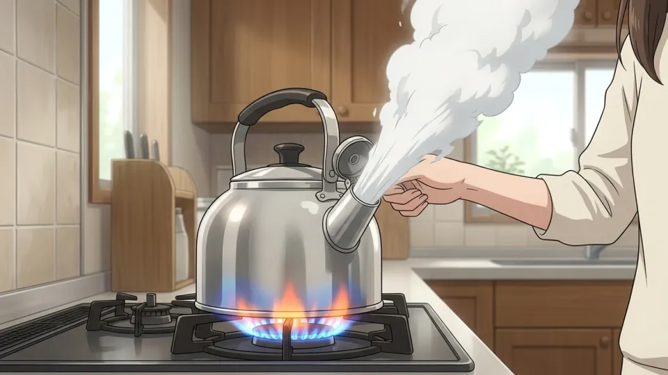 やかんの口から蒸気が立ち上っている様子