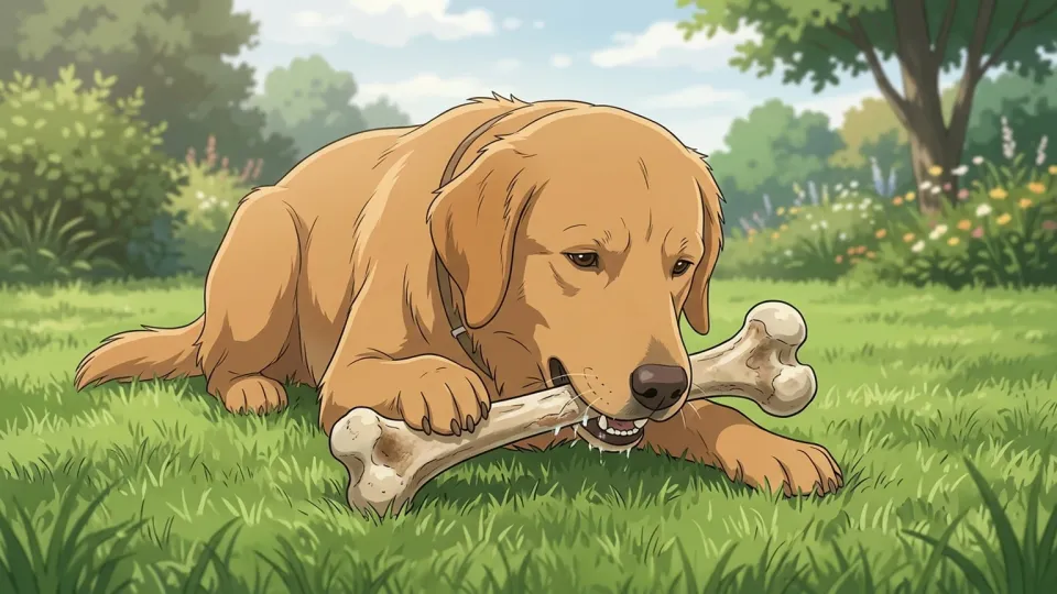 庭で大きな骨を噛む犬