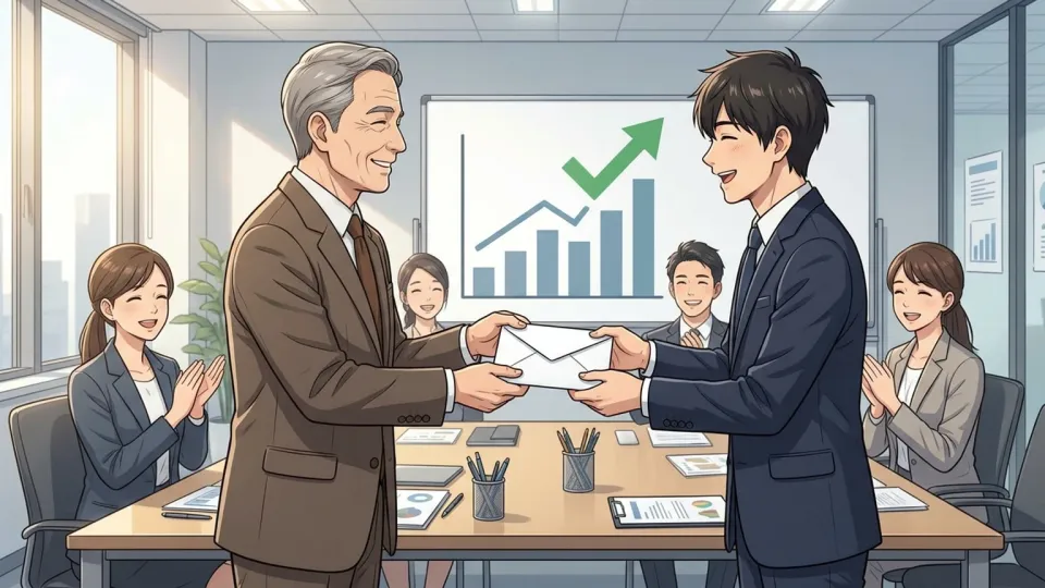 売上目標達成により年末賞与の通知を受け取る社員