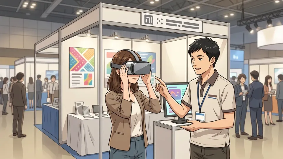 見本市の展示ブースで新型ヘッドセットを試す来場者