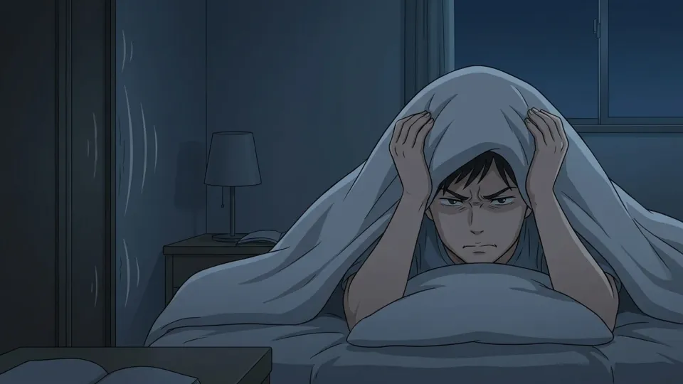 夜中に隣の騒音で眠れない人物