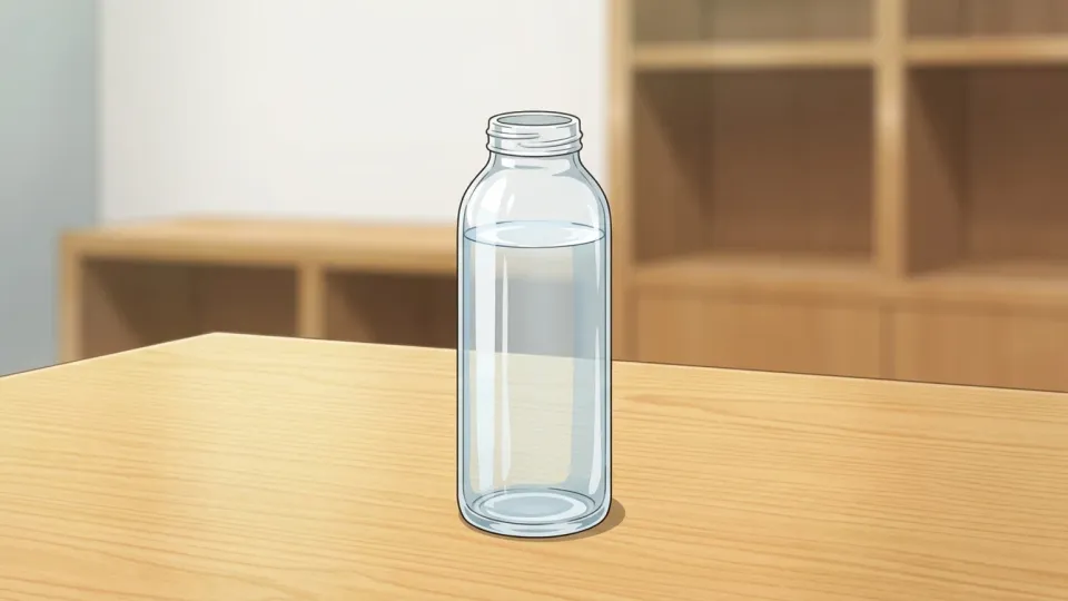 テーブルの上に置かれた水の入ったガラスびん