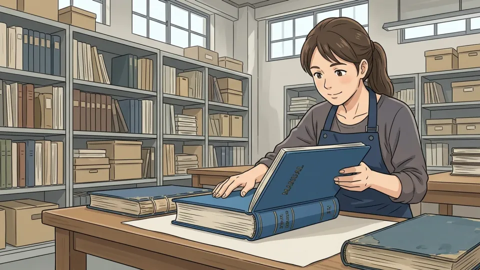 丈夫な青い布で装丁された保存用手引書