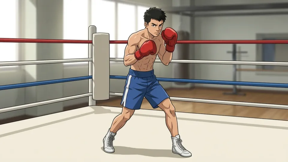 リング上でファイティングポーズをとるボクサー