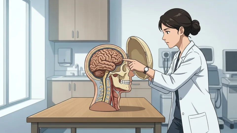 医師が人体模型の脳の構造を説明している