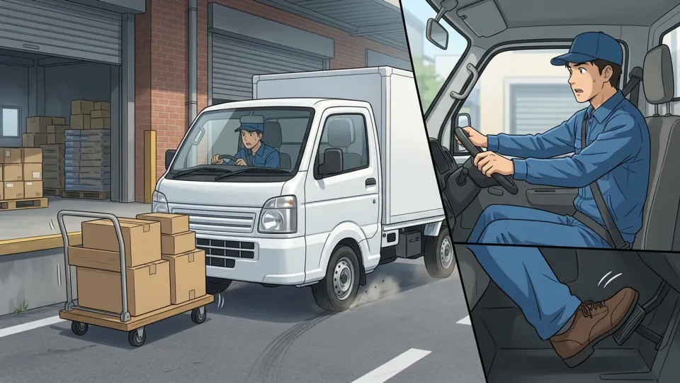 荷車を避けるため配送車にブレーキをかける運転手