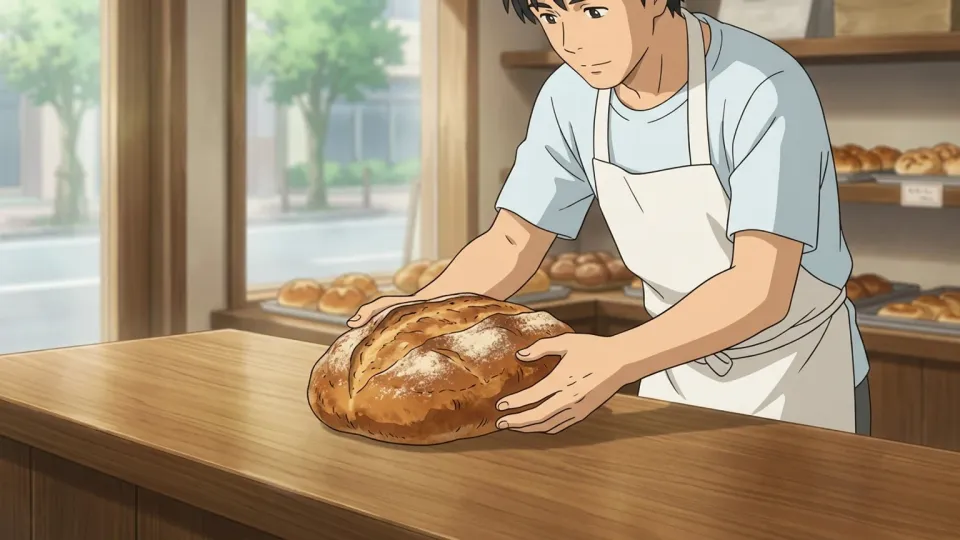 カウンターに置かれた焼きたてのパン