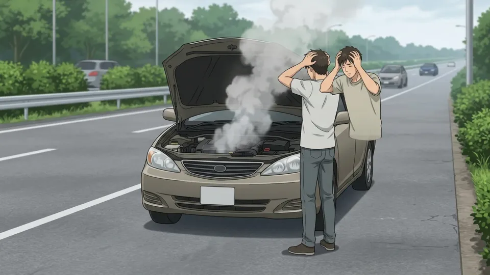 高速道路で故障して動かなくなった車。