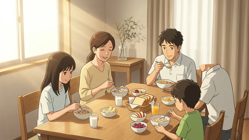 家族が朝食を食べている様子