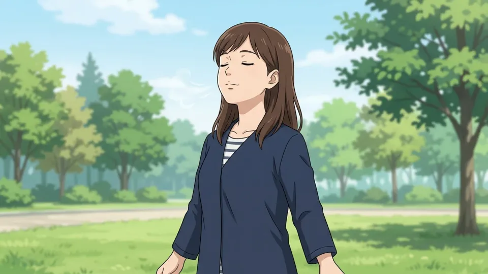 目を閉じて深く呼吸をする女性