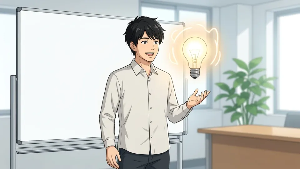 ひらめいたアイデアの才気を示す男性のイラスト