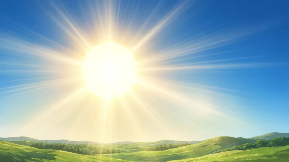 青空の中で強烈に輝く太陽のイラスト