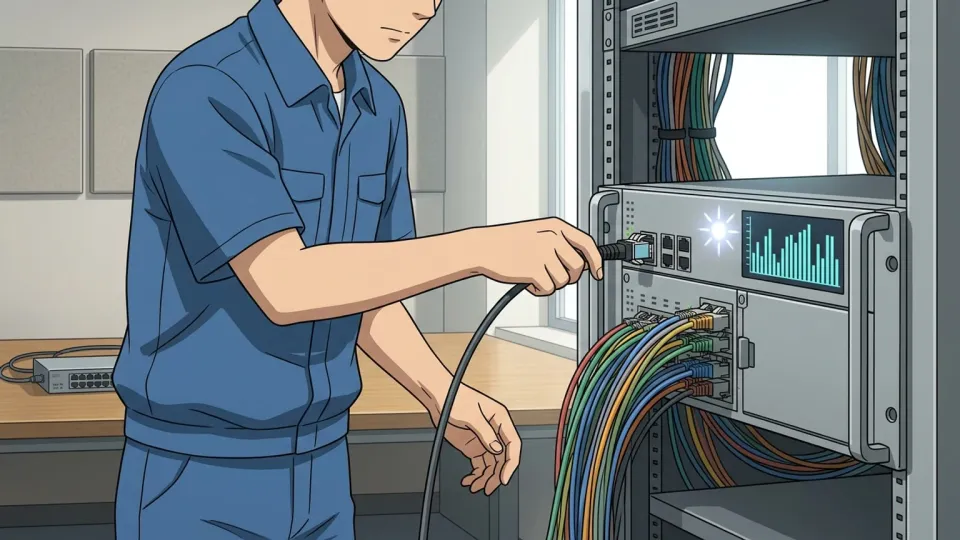 オフィスでルーターを設置する技術者