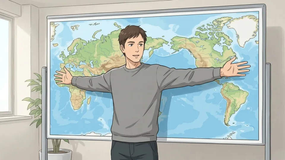 大きな地図の全体像を両手で大まかに示している男性