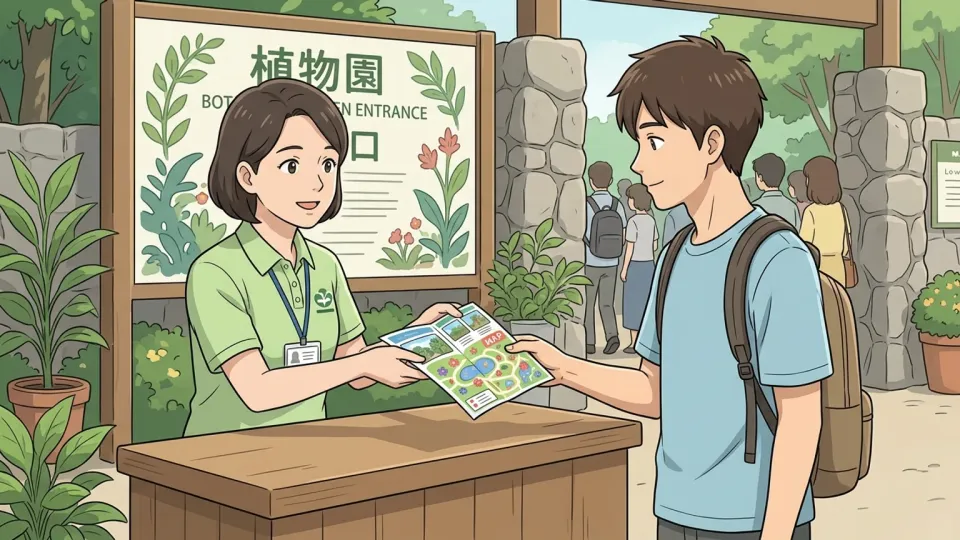植物園の入口で、来園者が案内係から園内地図の載ったパンフレットを受け取っている様子