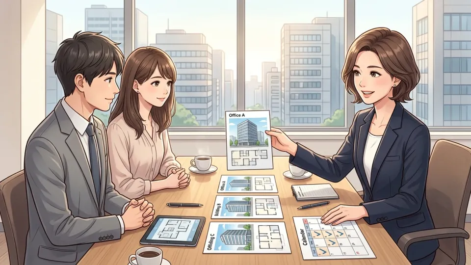 不動産仲介業者が顧客に三つのオフィスビルの資料を見せ、内覧日時を調整している様子